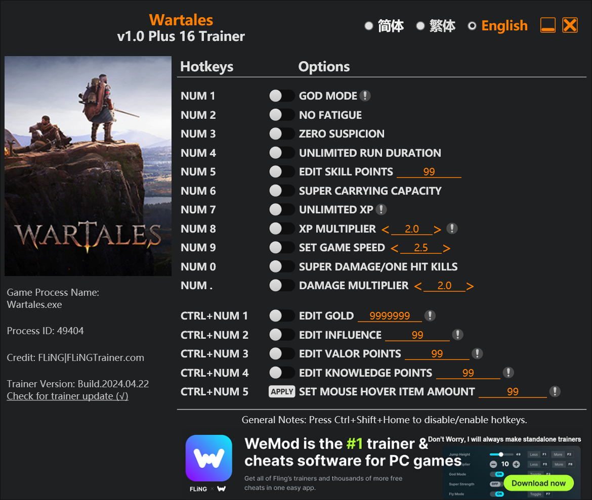 Wartales 戰爭傳奇 作弊修改輔助 16 選項 · 遊戲版本：v1.0+ · 最後更新：2024.04.22