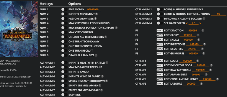 全軍破敵：戰鎚3 作弊修改輔助  37選項 · 遊戲版本：v1.0-v5.0+ · 最後更新：2024.05.01